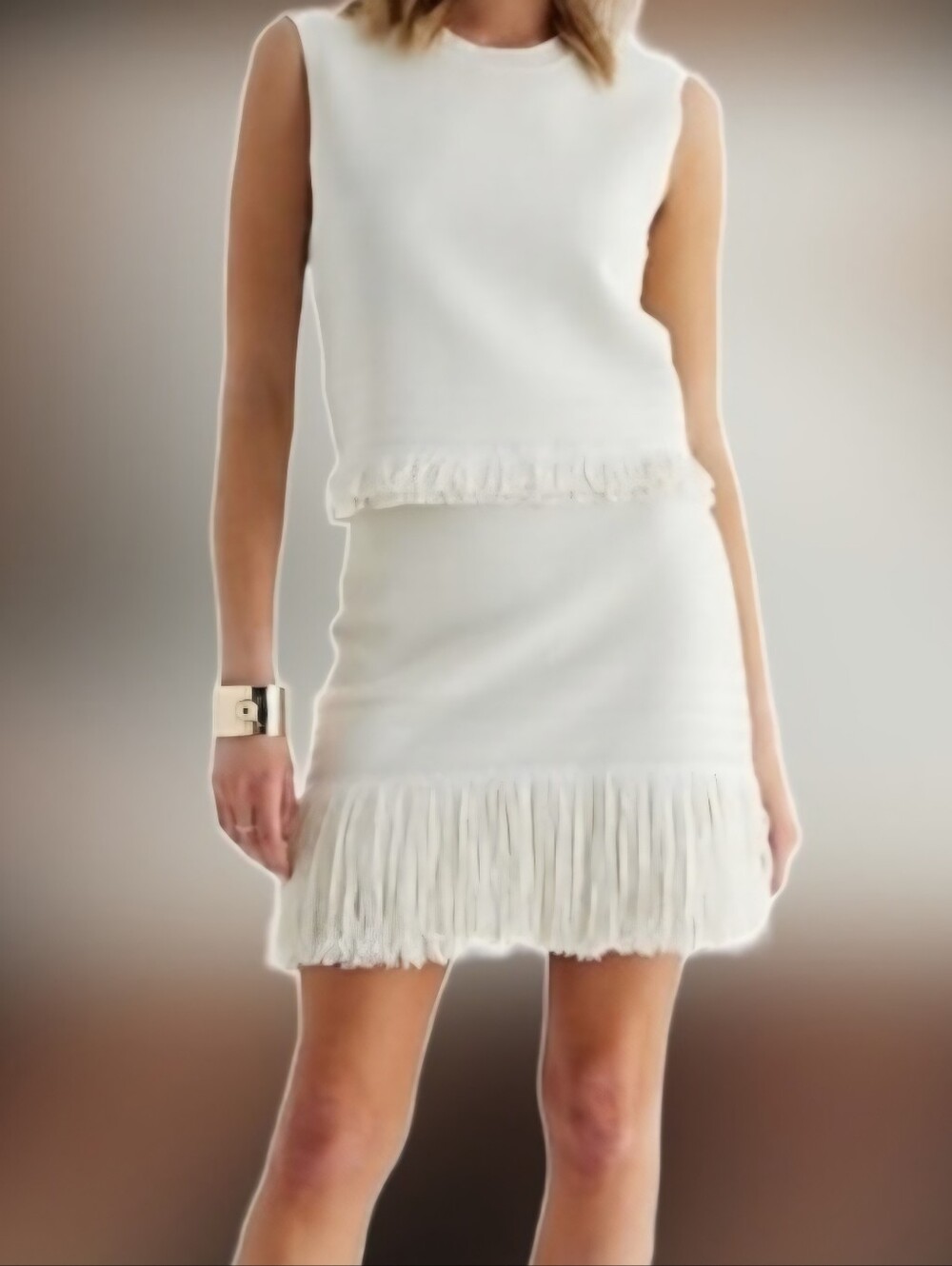 New Express Ivory Knit fringe skirt/top set MEDIUM